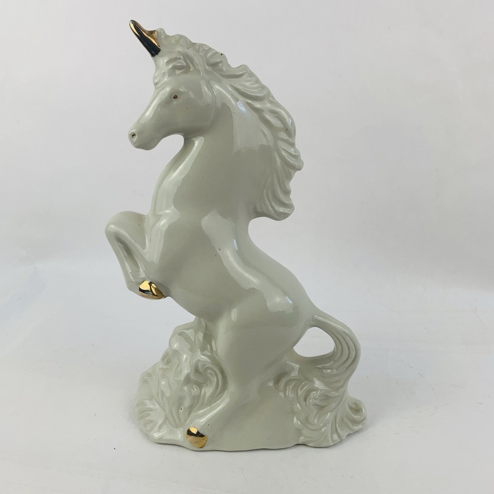 Vintage Ceramic Unicorn 80s 90s White Gold Gilded Mythical Horse Decor Fantasy